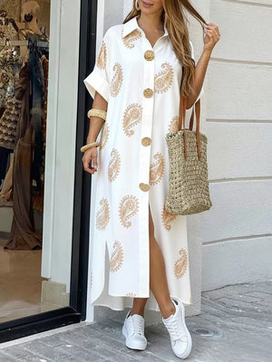 Floral Print Button-down Maxi Shirt Dress in Dusty Blue, model styling view