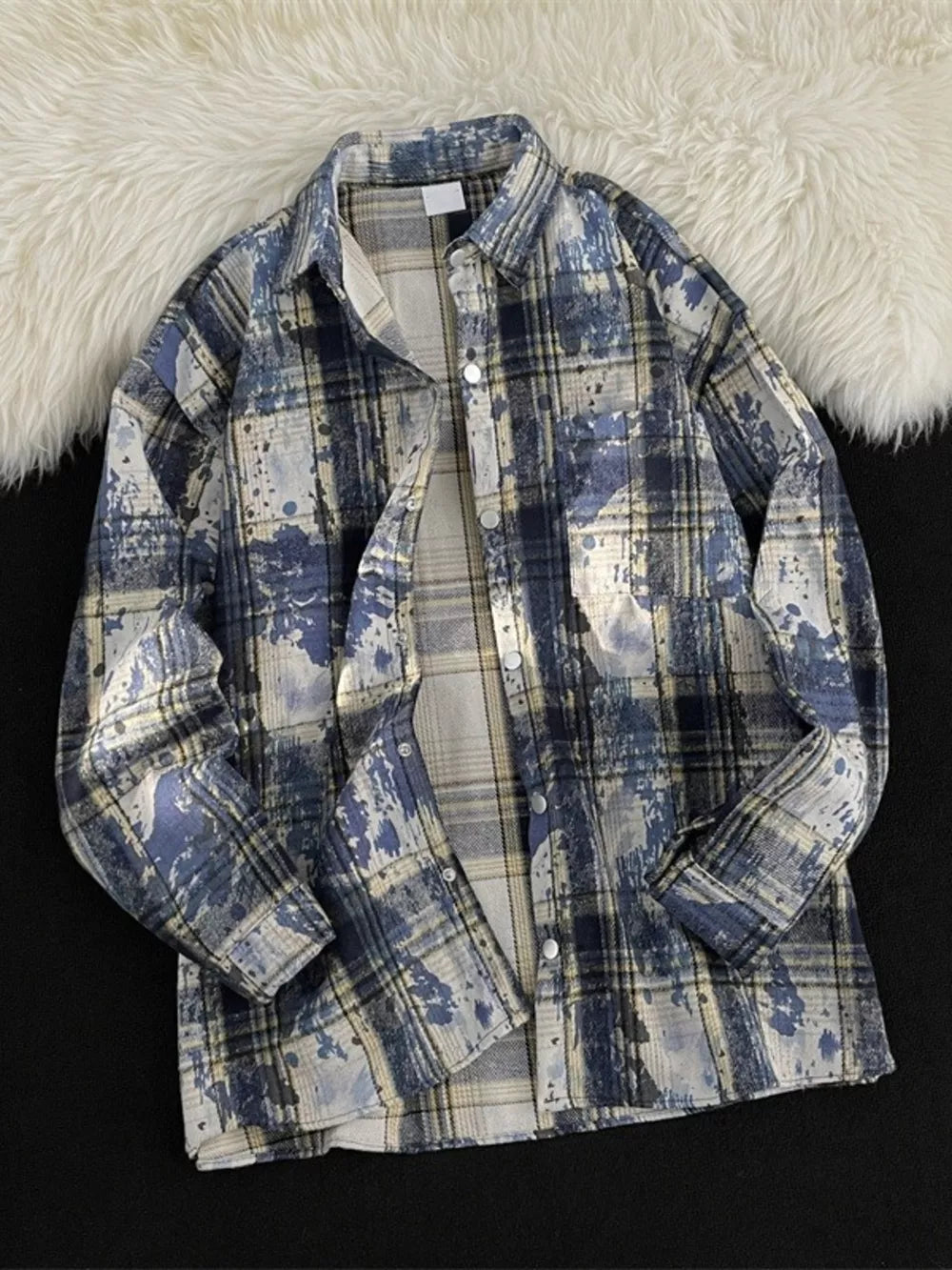 Men's Plus Size Plaid Button Up Casual Shacket in Blue, side view