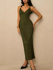 Olive ribbed midi dress with V-neck and gold-detail straps.