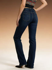 Dark wash cotton bootcut maternity jeans with a high waist and buttoned closure.