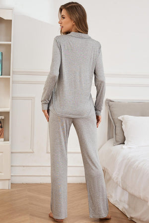 Gray relaxed fit button-down pajama set with long sleeves and straight leg pants.