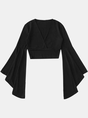 Black wrap blouse with dramatic bell sleeves and V-neckline