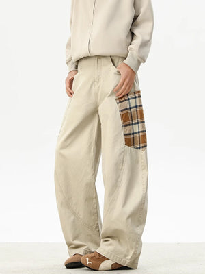 Men's beige wide leg sweatpants with plaid pocket detail