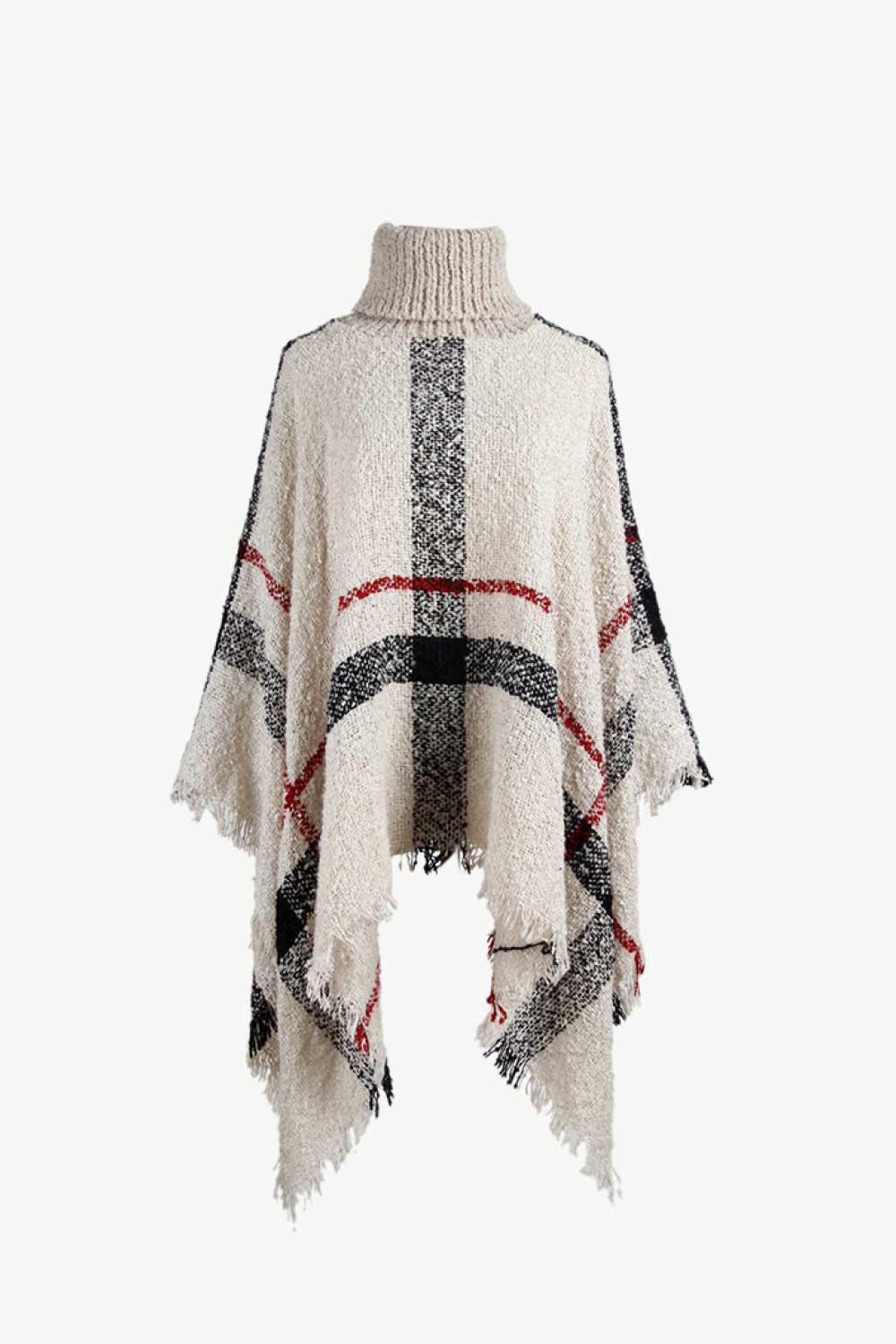 Beige plaid turtleneck cape with fringe detail and acrylic texture.
