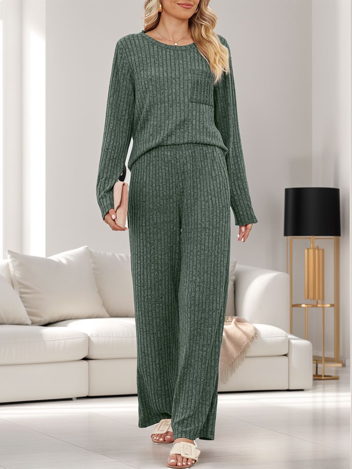 Ribbed knit lounge set in Army Green with long sleeves, crew neck, chest pocket, and wide-leg pants.