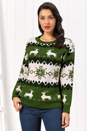 Green acrylic sweater with reindeer and snowflake fair isle pattern, crew neck, long sleeves.