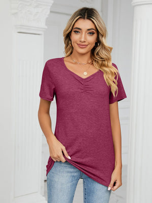 Ruched V-neck jersey t-shirt in deep purple with short sleeves.