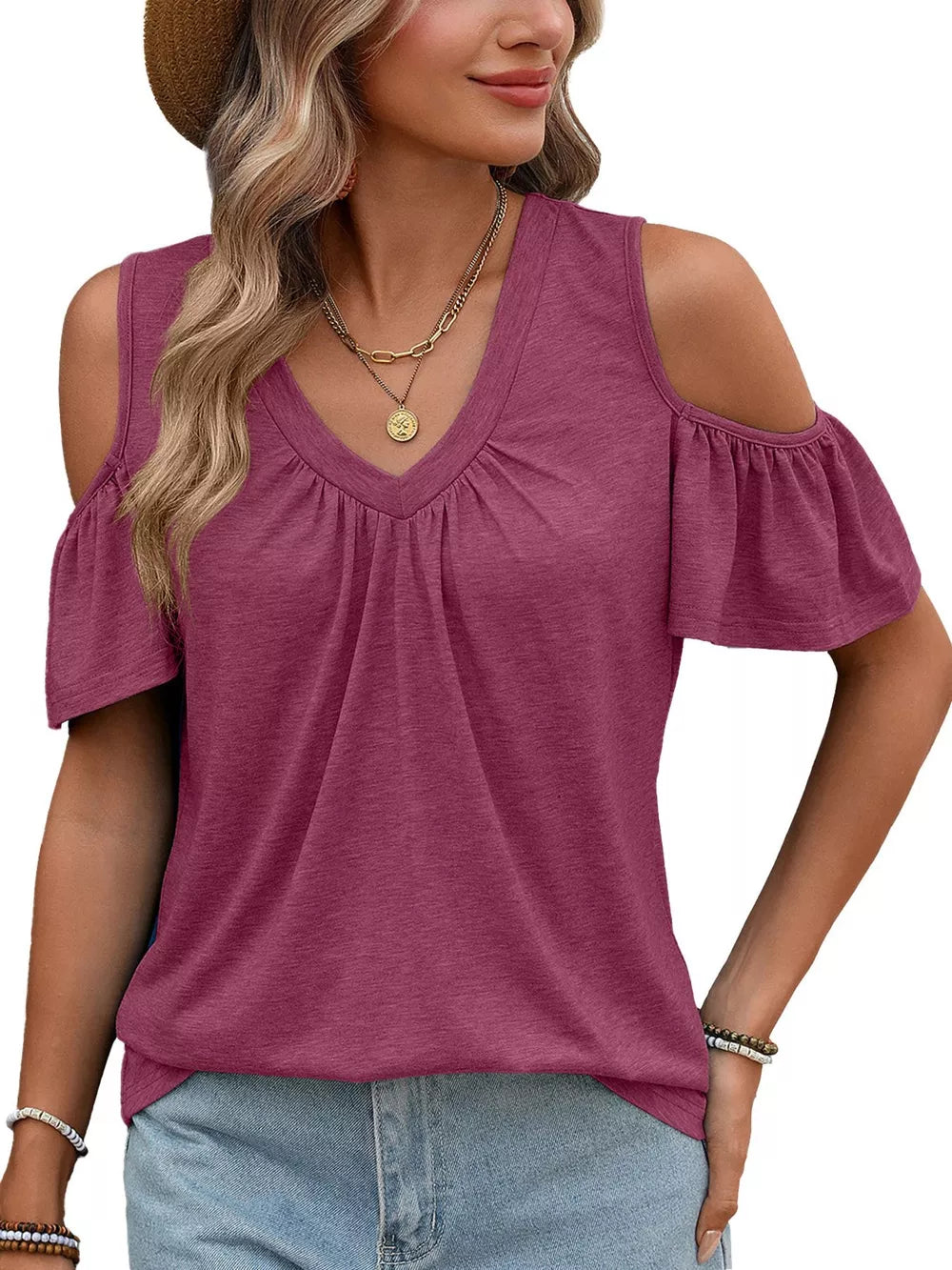 Burgundy ruched cold shoulder t-shirt with V-neck and short flutter sleeves.
