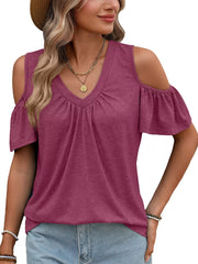 Burgundy ruched cold shoulder t-shirt with V-neck and short flutter sleeves.