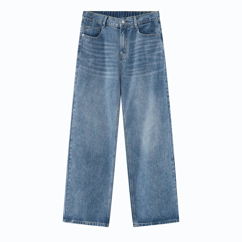Light blue denim wide-leg jeans with a relaxed fit and modern styling.