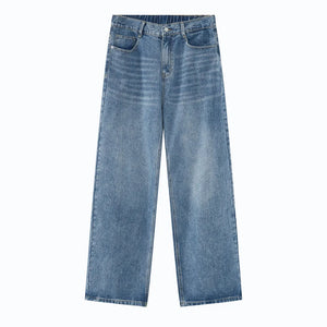 Light blue denim wide-leg jeans with a relaxed fit and modern styling.