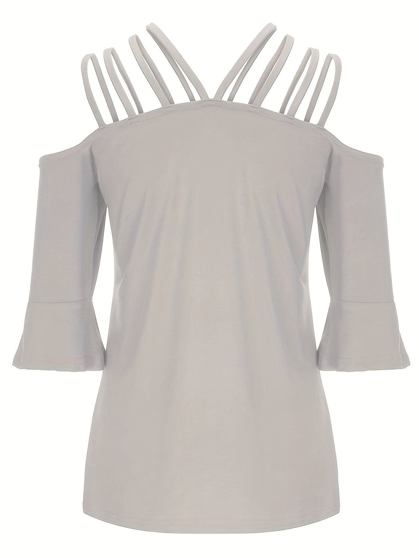 Light Gray blouson with strappy shoulders and flared 3/4 sleeves