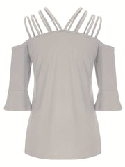 Light Gray blouson with strappy shoulders and flared 3/4 sleeves