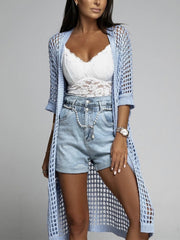 Light blue open-knit duster cardigan with 3/4 sleeves and a long, flowing silhouette.