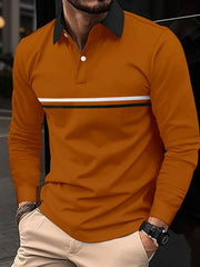 Long sleeve polo shirt in burnt orange with contrast black collar and stripe detail