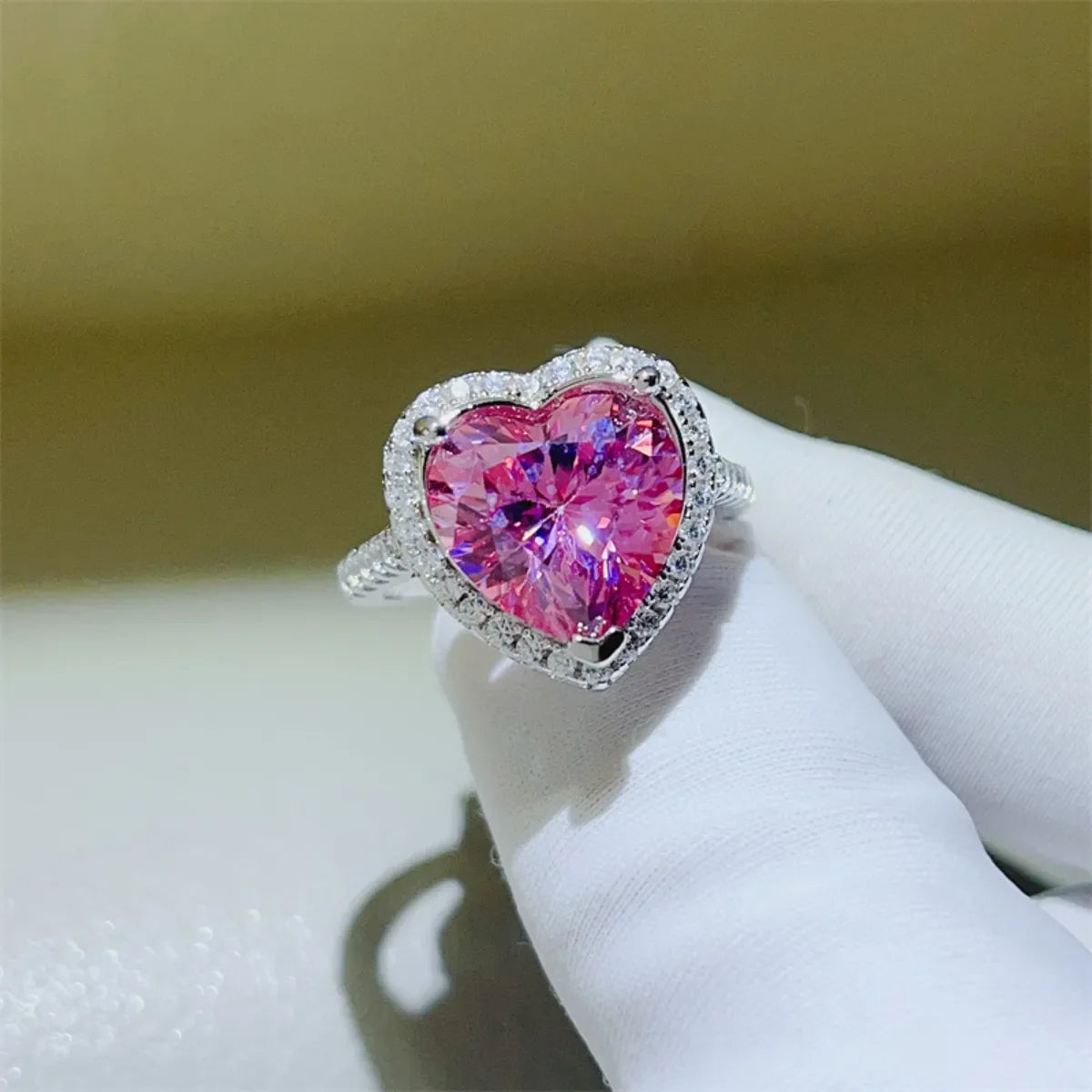 Radiant Heart Moissanite Halo Ring in Fuchsia Pink with diamond band