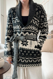 Black geometric jacquard wrap cardigan with shawl collar and belt