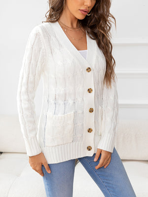 White cable-knit cardigan with buttons and pockets
