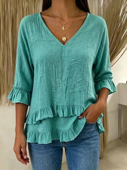 V-neck Ruffle Sleeve Top in White, front view