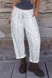 Floral Print Elastic Waist Regular Fit Pants in Light Gray, front view