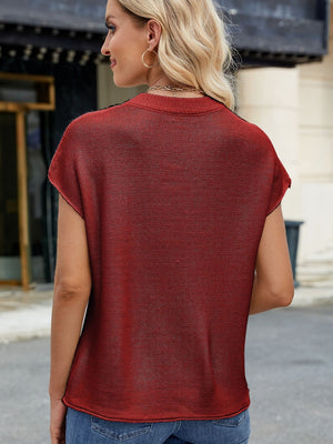 Burgundy knit cap sleeve top with vertical seams, crew neck, and casual fit.