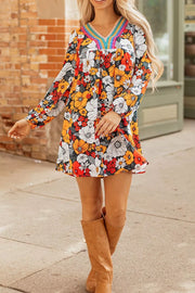 Boho Floral Print V-neck Mini Dress With Pockets in Multicolor, fabric detail