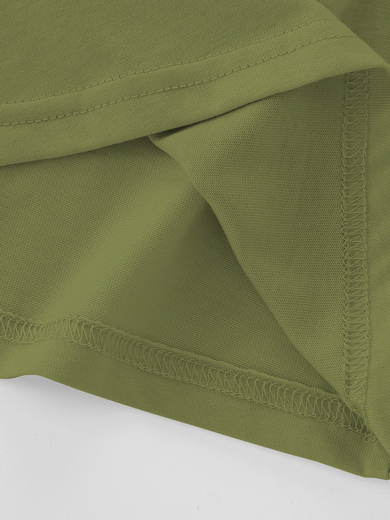 Olive green crew neck t-shirt detail showing hem and seam stitching