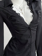 Black lace-trimmed V-neck button-down shirt with ruched detailing.