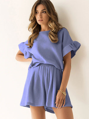 Blue purple textured gauze co-ord set with ruffle sleeves and shorts.