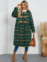 Tartan toggle hooded coat in dark green with brown leather toggles and pockets.