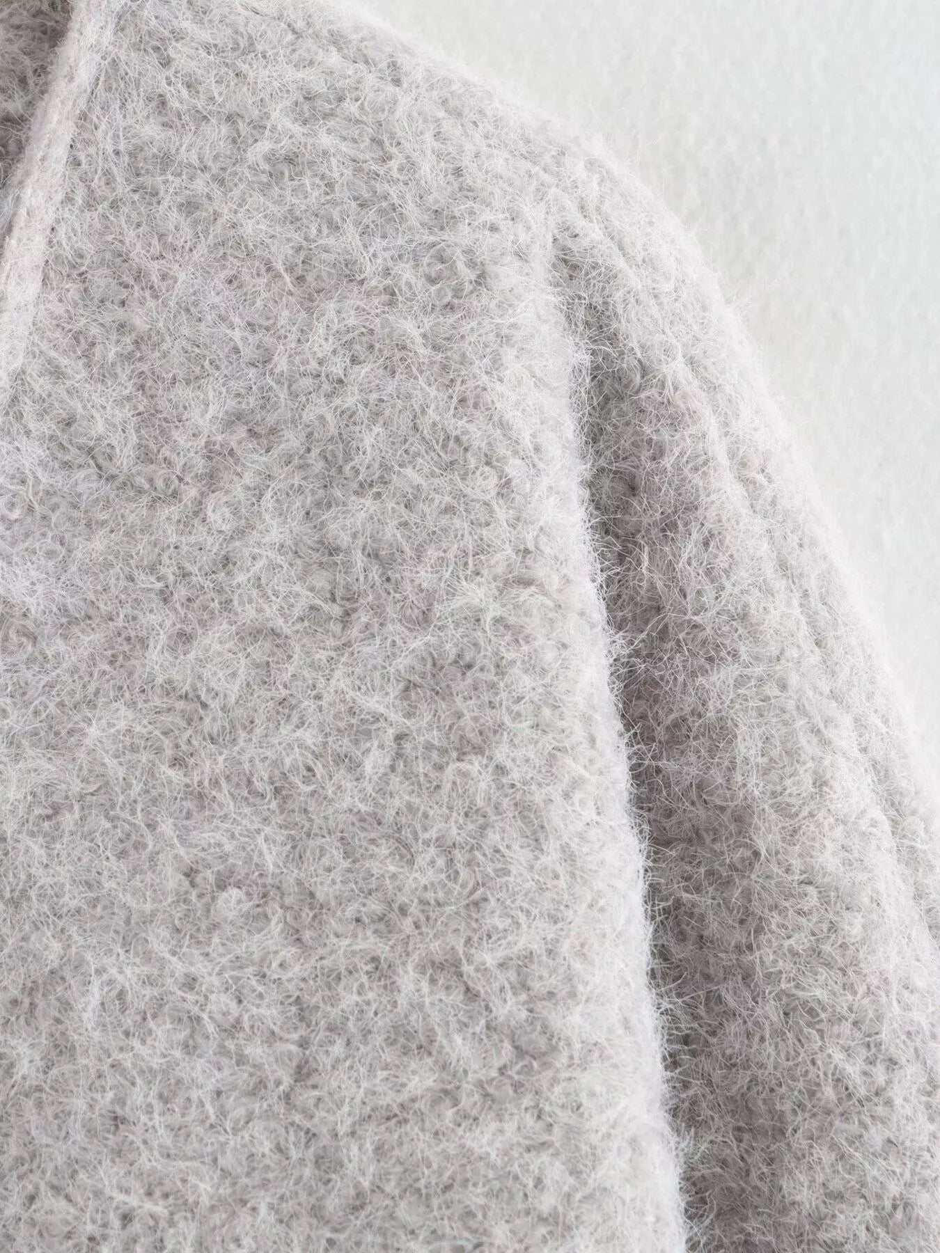Silver gray textured knit tie-front coat with fuzzy material detail