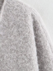 Silver gray textured knit tie-front coat with fuzzy material detail