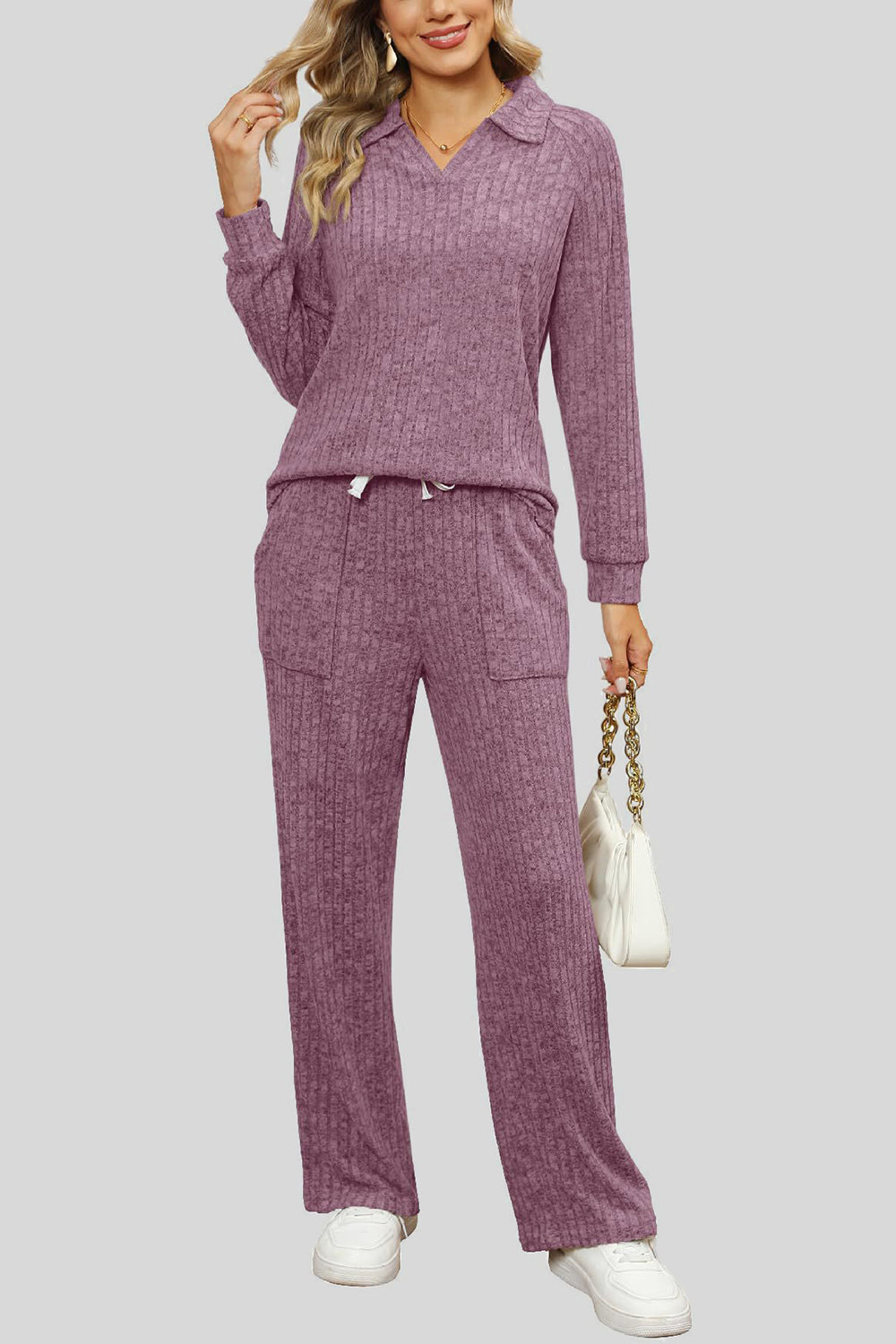 Mauve ribbed knit lounge set with collar and drawstring pants.