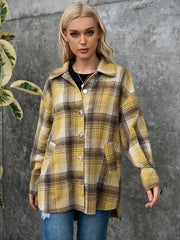 Oversized plaid shacket with patch pockets and button front.