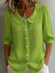 Yellow green button-down shirt with Peter Pan collar and puff sleeves
