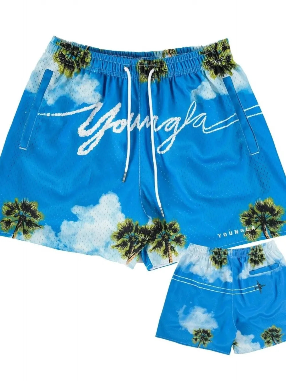Mesh athletic shorts in sky blue with a palm tree and cloud print, drawstring waist, and pockets.