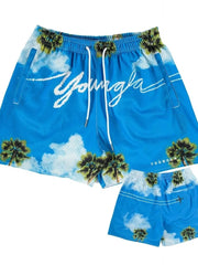 Mesh athletic shorts in sky blue with a palm tree and cloud print, drawstring waist, and pockets.
