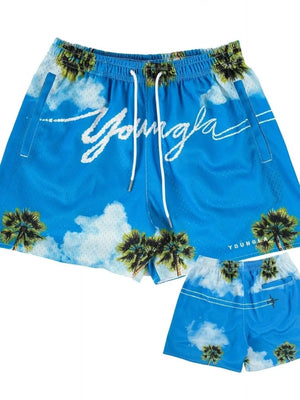 Mesh athletic shorts in sky blue with a palm tree and cloud print, drawstring waist, and pockets.