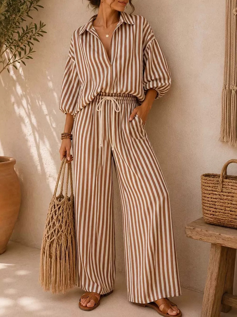 Striped Puff Sleeve Shirt And Wide-leg Pants Set in Khaki, front view