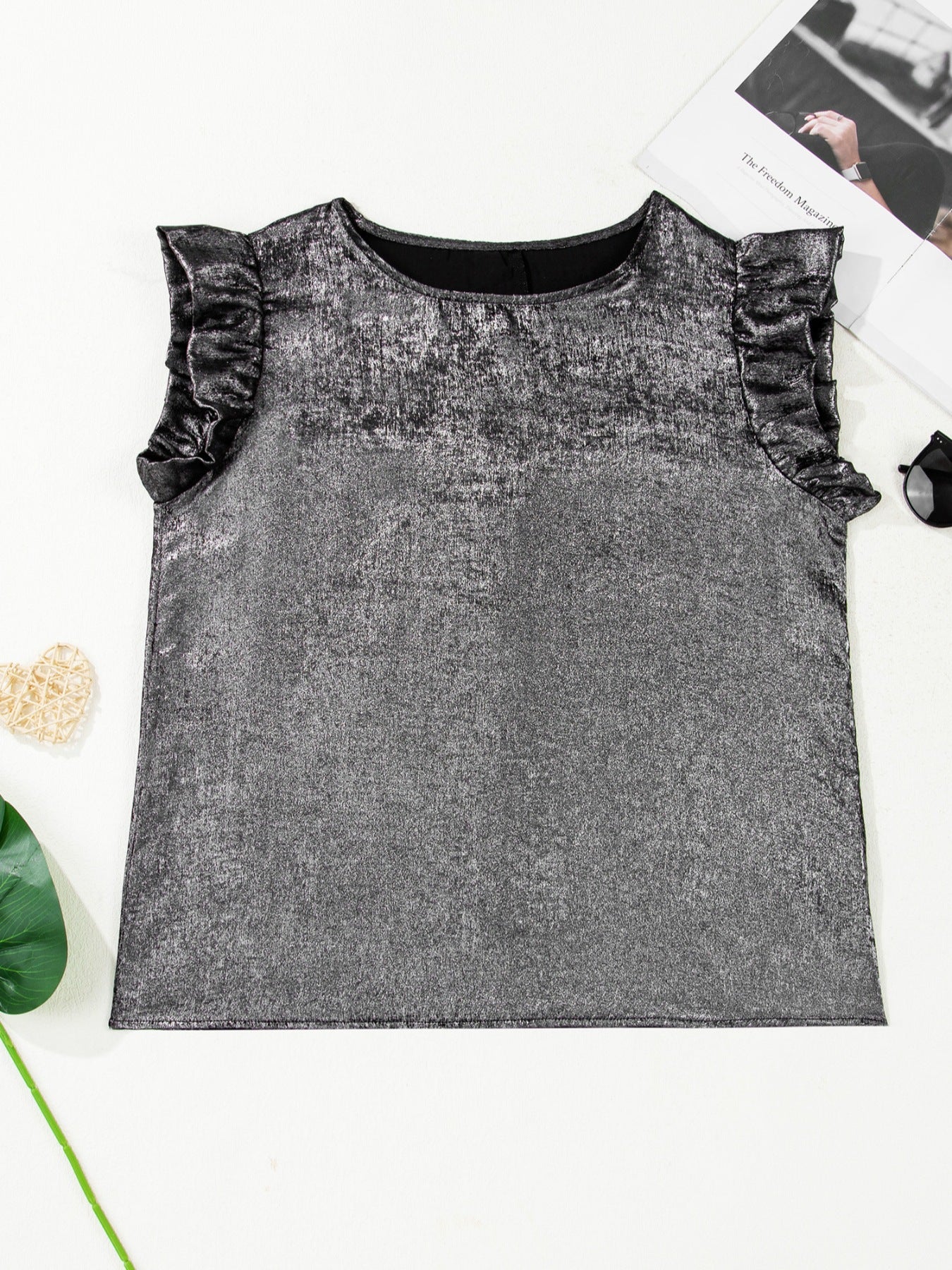 Silver ruffled neck tank top with cap sleeves and a textured finish.