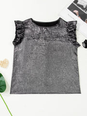 Silver ruffled neck tank top with cap sleeves and a textured finish.