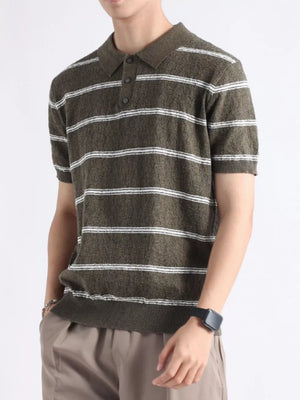 Men's striped knit polo shirt in Flower Green with button accents and short sleeves.