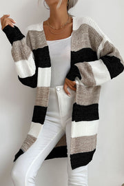 Open-front knit cardigan with horizontal stripes in khaki, black, white, and dark gray.