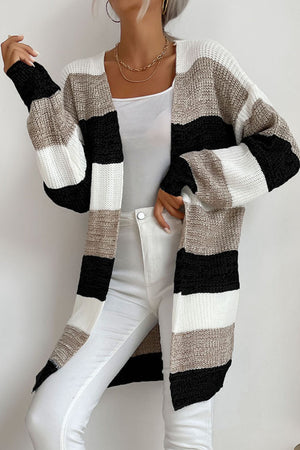Open-front knit cardigan with horizontal stripes in khaki, black, white, and dark gray.