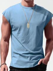 Light blue muscle-fit sleeveless tee with wide shoulders and a crew neck.