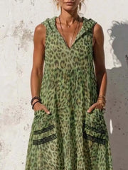 Sleeveless Hooded Leopard Print Maxi Dress in Blue, model styling view