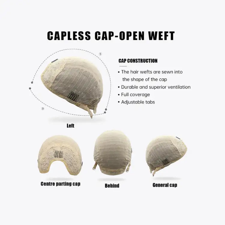 Capless open weft wig construction details: adjustable tabs, full coverage, ventilation.