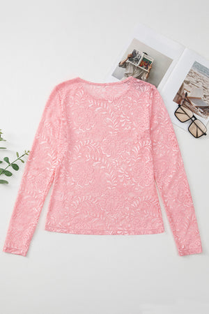 Dusty pink lace second-skin top with long sleeves and a round neckline.