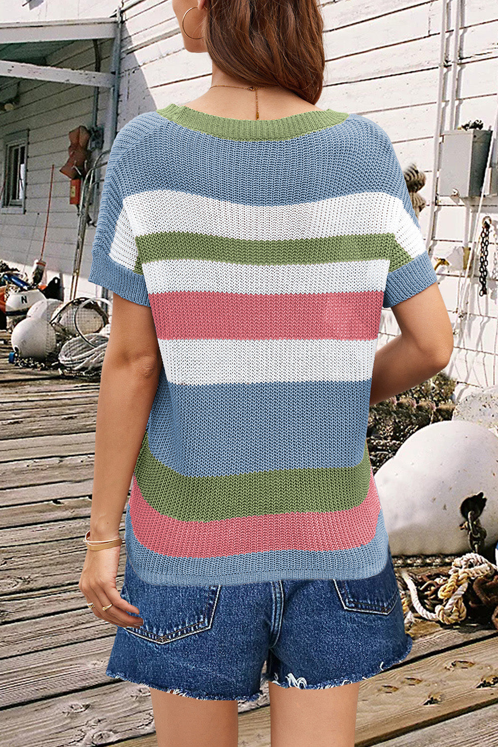 Coastal Stripe Knit Tee with blue, white, green, and pink stripes and a relaxed fit.