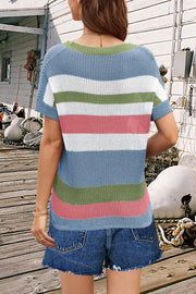 Coastal Stripe Knit Tee with blue, white, green, and pink stripes and a relaxed fit.